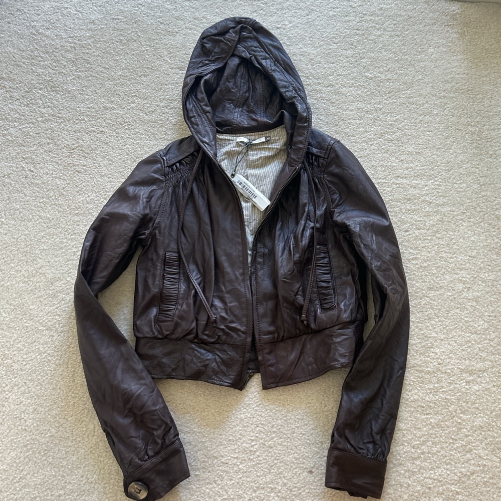BNWT Mike & Chris brown leather jacket hoodie bomber women size XS cropped
